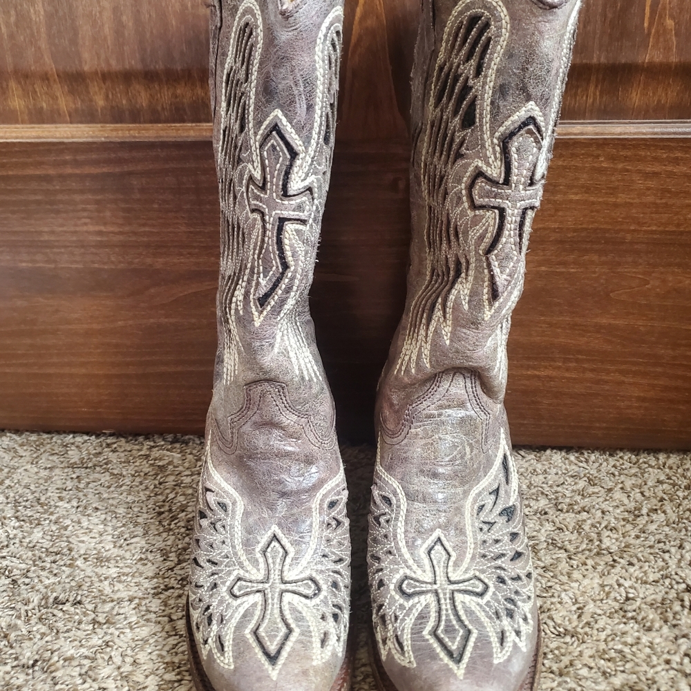 Corral Ladies Brown/Black Wing and Cross Sequence Boots A1241